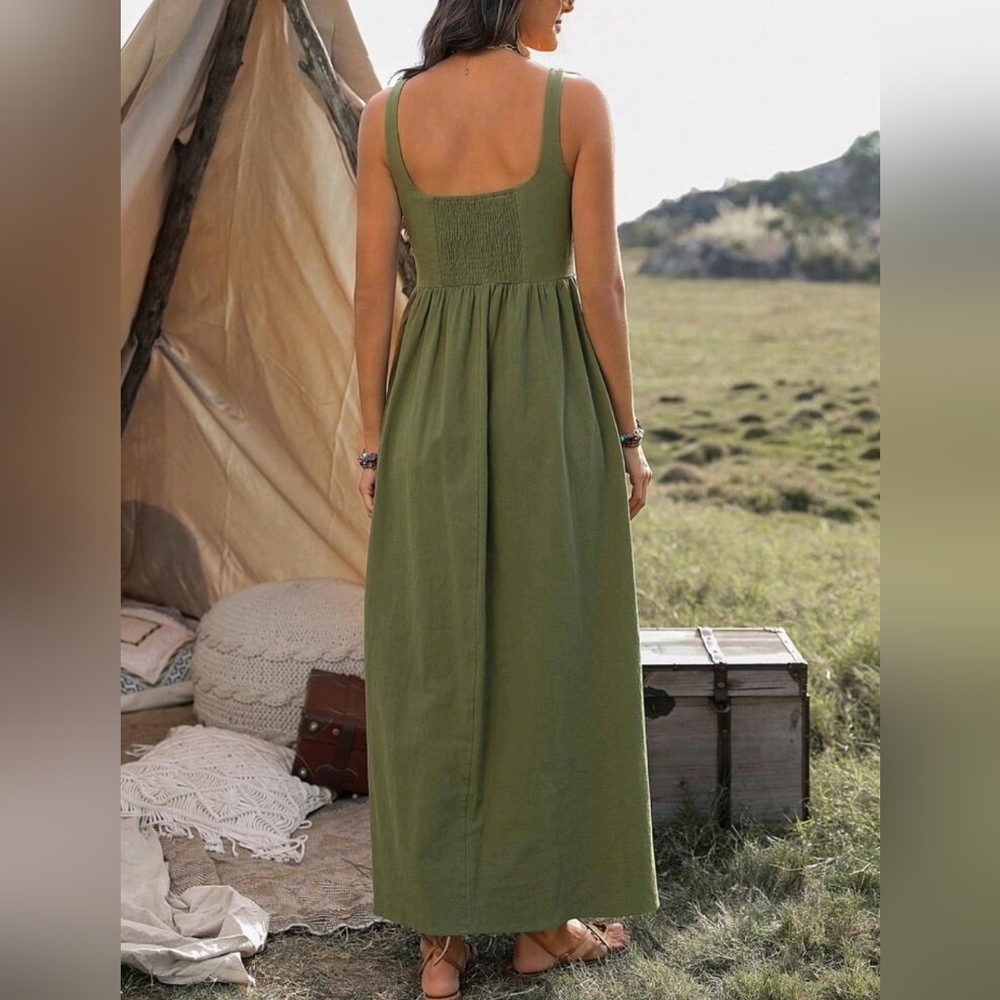 NEW Textured Cotton Cami Tank Maxi Dress Olive Green - Picture 4 of 8